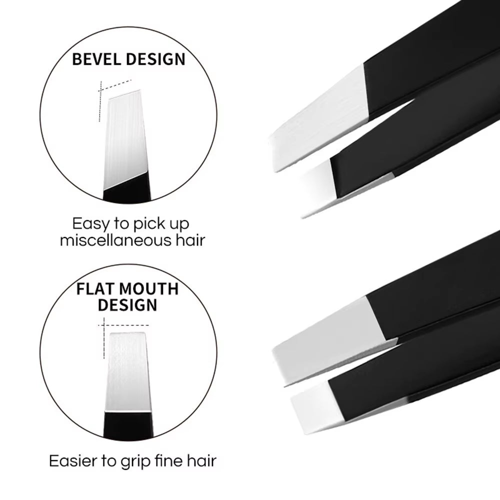 Stainless Steel Black Eyebrow Tweezer with Slant and Flat Point Beauty Tools for Eyebrows & Ingrown Hair Removal